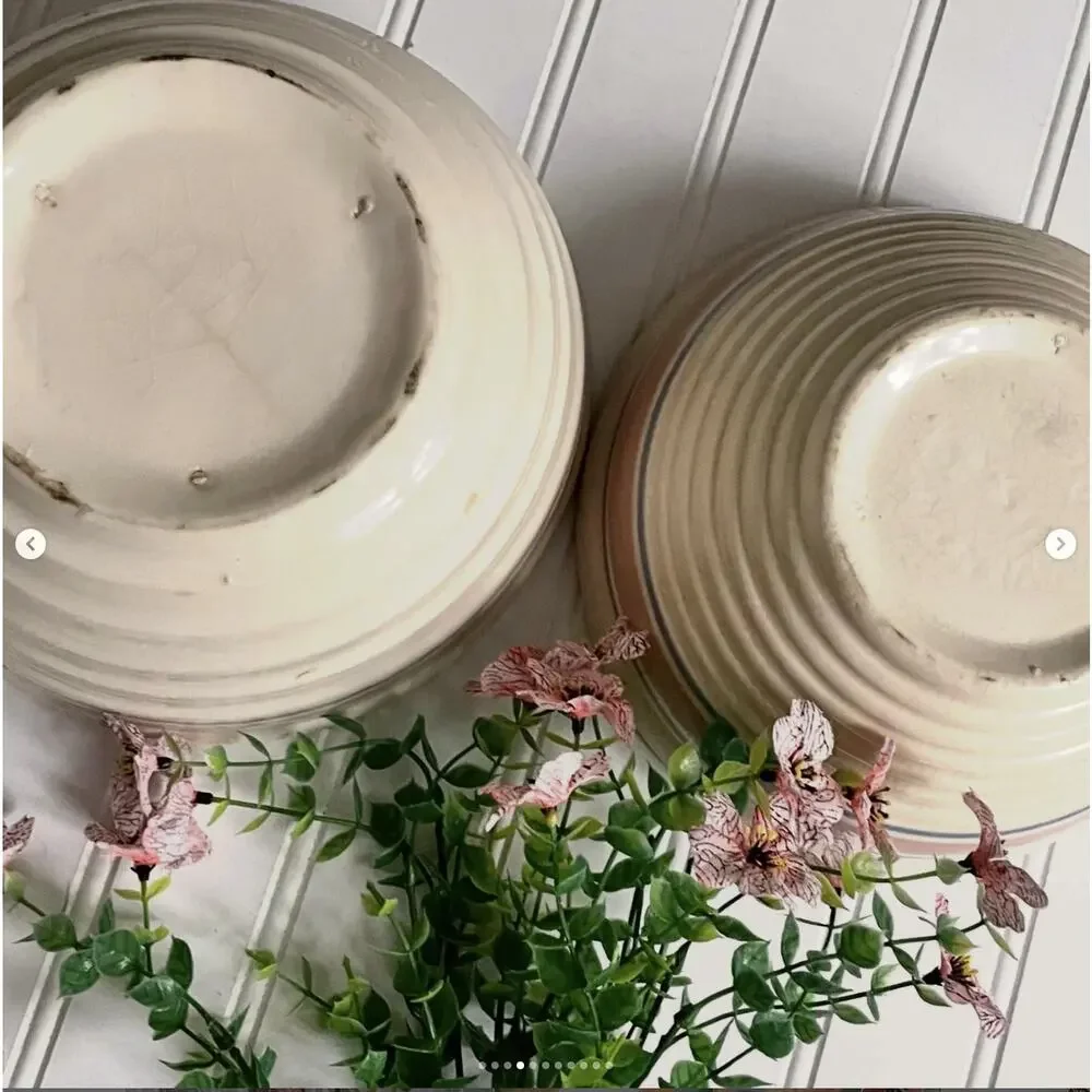 Vintage McCoy Pink Blue Stripe Beehive Nesting Stoneware Mixing Bowls Crazed PR